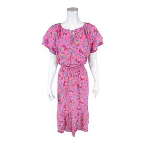 Destination 365 Regular Print Short-Sleeve Midi Dress with Smocking Large Size